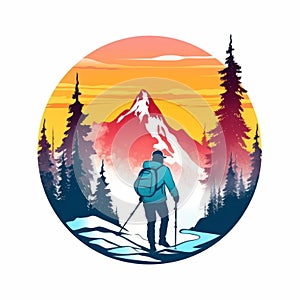 Vibrant Skiing Logo With Hiker In Mountains - Vector Illustration