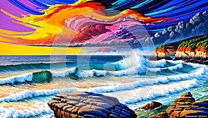 Vibrant sky color violent storm windy ocean seashore waves