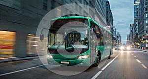A vibrant sleek green bus traversing the urban landscape