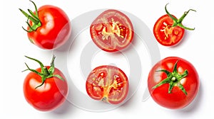 Vibrant Slices and Wholes of Ripe Tomatoes: A Captivating Top View on White Background ()