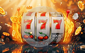 A vibrant slot machine hitting the jackpot, 777, with coins and bright lights exploding in celebration.