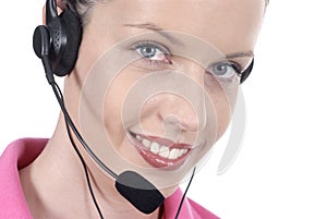 Female woman telephonist, telephone headset, close up, looking at camera, white background
