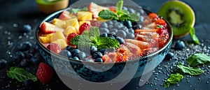 Vibrant smoothie bowls featuring fresh fruits and toppings for a nutritious breakfast. Concept Smoothie Bowls, Fresh Fruits, Tasty