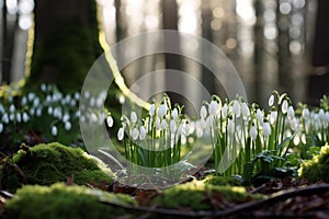 Vibrant Snowdrops forest violet blossom. Generate Ai