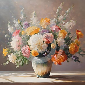 A vibrant yet soft collection of flowers in a vase at a window side photo