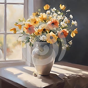 A vibrant yet soft collection of yellow, orange and white flowers in a vase at a window side photo