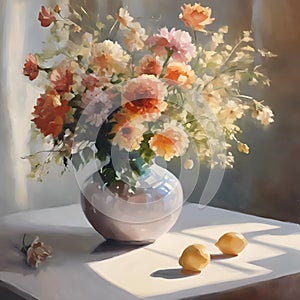 A vibrant yet soft collection of yellow, white, and orange flowers in a vase at a window side photo