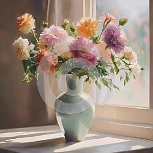 Vibrant and soft colored flowers on a table at a window side and a creamy background photo