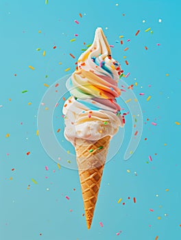 A vibrant soft serve ice cream with rainbow swirls, sprinkled with colorful candies against a blue background, evoking