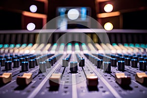 A vibrant sound mixing console with knobs and sliders against dark background