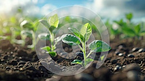 Vibrant Soybean Growth on Farm with Blue Sky Background - Agriculture Plant Seeding & Growing Step Concept