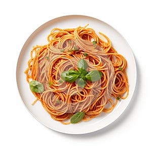 Vibrant Spaghetti Plate With Basil On White Background photo