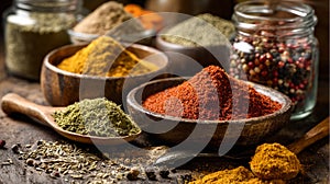 Vibrant Spices and Herbs Arrayed in Wooden Bowls on Dark Surface