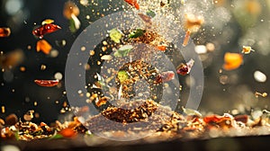 Vibrant Spices and Herbs Exploding in Air