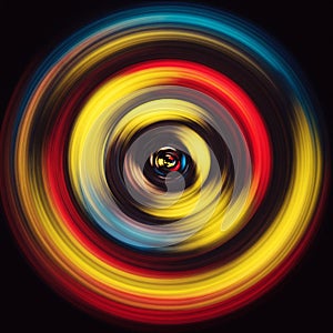 A vibrant spiral pattern featuring concentric circles of bright colorsâyellow, red, and