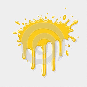 A vibrant splash of yellow paint runs down an otherwise unblemished, clean, high-gloss white wall