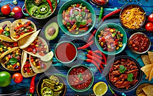 A vibrant spread of various Mexican dishes, including tacos, salsa, guacamole, beans, peppers, and other colorful