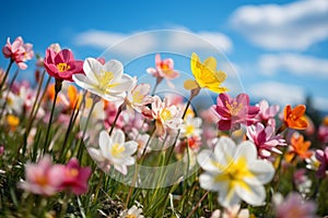 Vibrant Spring Blossoms: A Close-Up of Colorful Flowers on Grassy Terrain