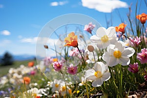 Vibrant Spring Blossoms: A Close-Up of Colorful Flowers on Grassy Terrain