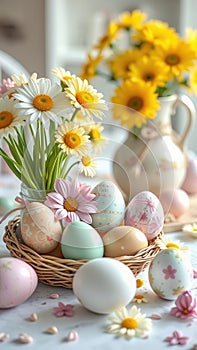 Vibrant spring decorations with painted easter eggs and fresh blooms