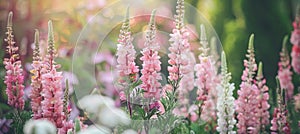Vibrant spring floral scene colorful flowers in soft focus, early summer nature background