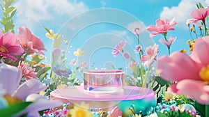 Vibrant Spring Flowers and Cosmetics Display with Blue Sky