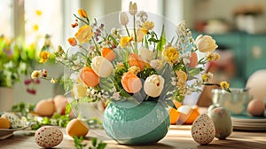 Vibrant Spring Flowers and Easter Eggs Table Decor