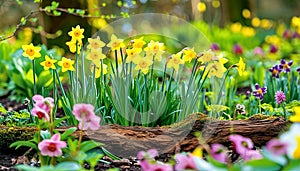 Vibrant Spring Flowers on Wooden Mossy Log