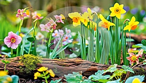 Vibrant Spring Flowers on Wooden Mossy Log