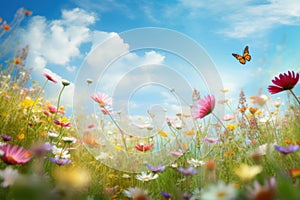 A vibrant spring garden filled with blooming flowers of every color, butterflies fluttering around
