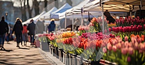 Vibrant spring market tulips, hyacinths, and happy shoppers amidst the colorful abundance of choice