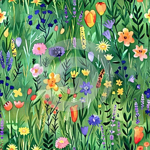 Vibrant Spring Meadow Floral Pattern Fabric Design