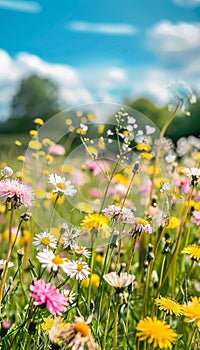 Vibrant spring meadow with white and pink daisies, yellow dandelions, and blue sky on sunny day