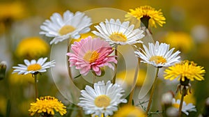 Vibrant spring meadow with white and pink daisy flowers and yellow dandelions on sunny day