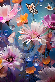 Vibrant Springtime Delight: Abstract Flowers and Butterflies in a Lush Meadow photo