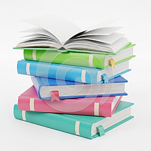 Stack of colorful books open and closed showing knowledge and learning