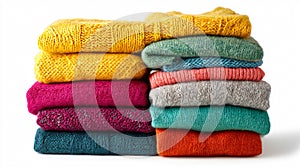 Vibrant Stack of Colorful Clothes on White Background