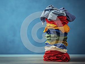 Vibrant stack of neatly folded colorful cotton laundry on empty background