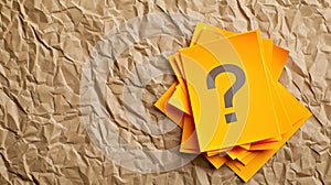 A vibrant stack of orange sticky notes with a question mark symbolizes confusion amidst a backdrop of crumpled pastels