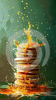 Vibrant Stack of Pancakes with Splashing Maple Syrup Against Green Background, Morning Breakfast Delight