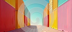 Vibrant stacked shipping containers under a clear sky. modern storage units. colorful industrial scene. AI