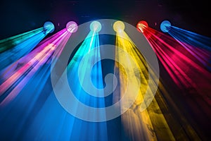 Vibrant Stage Lights with Colorful Beams on Black Background