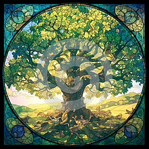 Vibrant Stained Glass Tree Tapestry in Pastoral Setting
