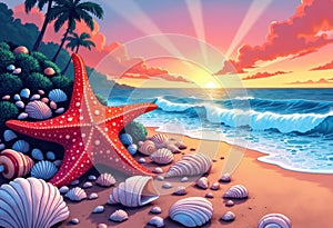 Vibrant starfish on a sandy beach at sunset with seashells
