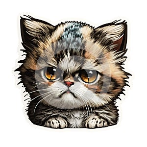 Vibrant sticker of a cute cartoon cat, featuring bright eyes, isolated on a white background