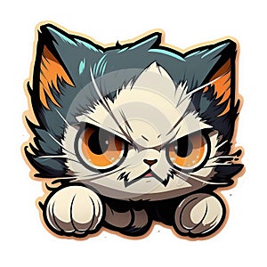 Vibrant sticker of a cute cartoon cat, featuring bright eyes, isolated on a white background