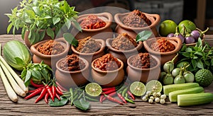 Assortment of Thai Curry Pastes and Fresh Ingredients