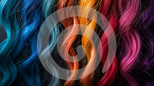 Vibrant strands of hair in a dynamic array of colors, flowing and intertwined