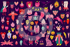 Vibrant Strange ugly Halloween characters. Cute bizarre comic characters in modern flat hand drawn style