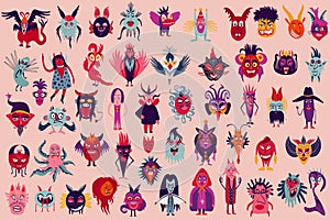 Vibrant Strange ugly Halloween characters. Cute bizarre comic characters in modern flat hand drawn style